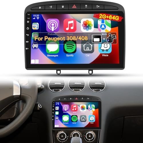 NHOPEEW 2G+64G Android Autoradio per Peugeot 308/408 2007-2013 - Senza fili Carplay e Android Auto - 9 pollici Android Stereo con WiFi EQ GPS Mirror Link FM RDS + AHD Telecamera posteriore&Mic