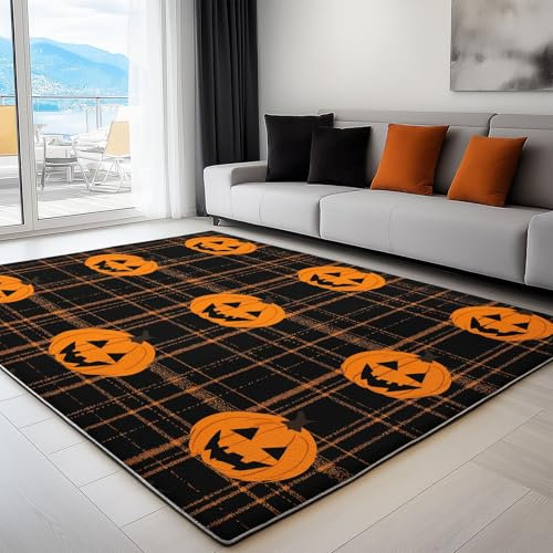 Generisch Läufer 80 x 150 cm Orange Farbe Teppiche, Halloween Kürbis Plaid Waschbarer Rutschfester Teppich, weiche Teppich für den Innenbereich Schlafzimmer Wohnzimmer Esszimmer