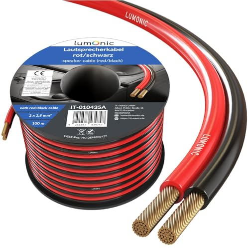 Lumonic Cables de altavoz | 100m Rojo Negro | 2x 2,5mm² CCA | Cable de altavoz HiFi | Línea doble de audio