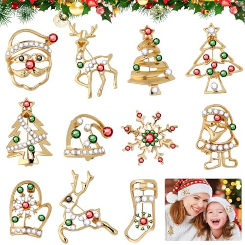 Kleemeiero 11 Stück Brosche Weihnachten Weihnachtsbrosche Anstecker Pin Weihnachtsschmuck Damen Weihnachten Weihnachtsanstecker Strasssteinen Broschen Ornamente Weihnachtsschmuck für Kleidung Geschenk
