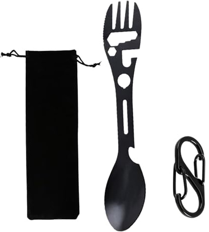 Verazquy 10-in-1 Multi-Tool Camping Spork - Utility Travel Cutlery Set in Stainless Steel, All-in-One Spoon, Fork, Knife with Bottle Opener Tools Eco Reusable for Hiking Outdoor(Black)