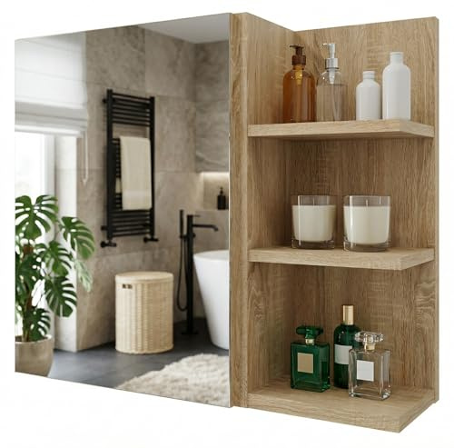 möbelkap Spiegelschrank Badezimmer mit Ablage & Stauraum | Hängender Badezimmerschrank zur Wandmontage mit Regal – modern & pflegeleicht|Eiche Sonoma
