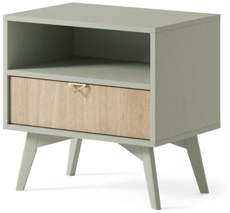 Komodee Nachtschrank Tofino - Eiche - Grün - Metallgriffe - Schublade - Breite 54 cm, Höhe 54 cm, Tiefe 38 cm