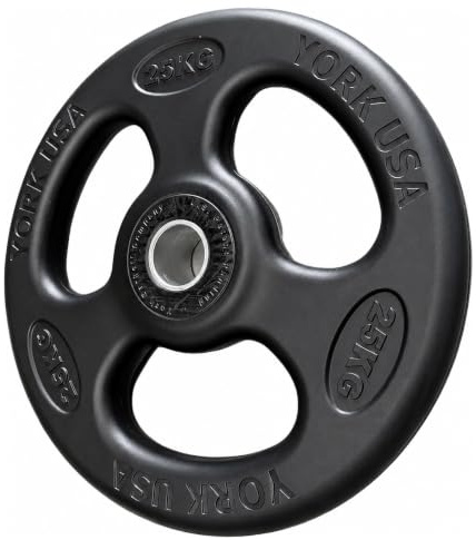 25kg York Olympic Weight Plates with Rubber Finish 2’’ Opening and Tri-Grips, Black Barbell Plates Discs for Lifting and Strength Training, Solid Cast Iron Core Weights (25, Kilograms)