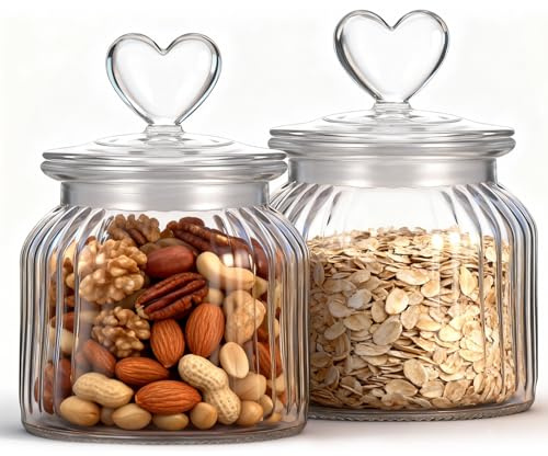 Hejo Heart Lid Airtight Glass Jars with Lids, 650ml | Set of 2, Clear Cookie Jar - Kitchen Glass Storage Jars for Candy, Sweets, Dry Fruits and Pantry Snacks