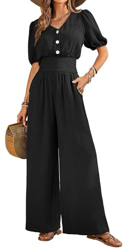 QUNERY Salopette Donna Estiva Maniche Corte Scollo a V Elegante Tuta Lang Tutina Jumpsuit Gamba Allentata Con Tasche Pagliaccetto Spiaggia Vacanza Outfit