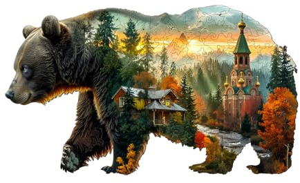 Jigfoxy Forest Bear Wooden Jigsaw Puzzles for Adults, 150pcs Unique Animal Shape Wood Puzzles, Birthday Gifts for Family Friend with wooden box(13.4 * 7.8in)