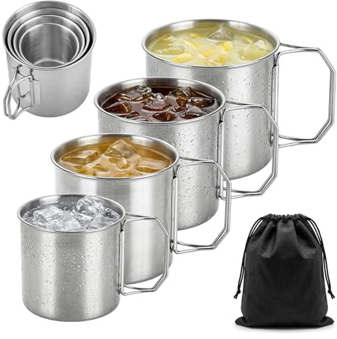 4 vasos con asa de 250 ml/350 ml/500 ml/700 ml, taza de té de café al aire libre, taza térmica de acero inoxidable con asa plegable y bolsa de almacenamiento, taza ligera de acero inoxidable 304 para