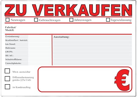 25 KFZ Verkaufsschilder PKW Auto Preisschilder Autohandel DIN A3 ROT