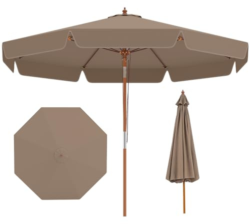 COSTWAY Sonnenschirm 300 cm, Gartenschirm aus Holz, beidseitig um 30° knickbar, Balkonschirm mit Volant, Terrassenschirm, Marktschirm für Garten, Balkon, Terrasse (Khaki-Tan)
