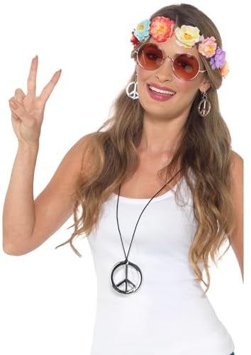 Smiffys Hippie Festival Kit, Mehrfarbig, Blütenstirnband, Brille, Medaillon & Ohrringe Halloween