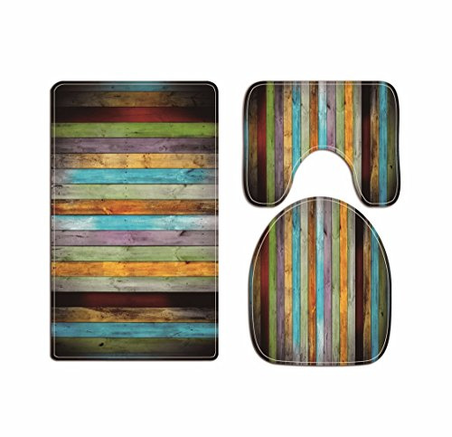 A.Monamour Badezimmer Badematte 3 Teilig Set Mehrfarbiges Grunge Holz Planken Kunstdruck Teppich Flanell Saugfähig Badteppiche Badvorleger Badgarnitur WC Vorleger