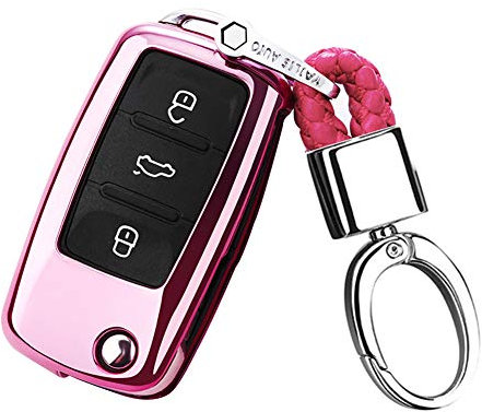 Happyit TPU Doux Cas de Couverture de Clé de Voiture avec Porte-clés pour VW Volkswagen Skoda Golf7 Polo Tiguan Passat Jetta MK4 MK5 MK6 Coccinelle (Rose)