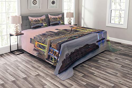 ABAKUHAUS Stadtansicht Tagesdecke Set, Tokio Japan Brücke, Set mit Kissenbezügen Sommerdecke, für Doppelbetten 264 x 220 cm, Mehrfarbig