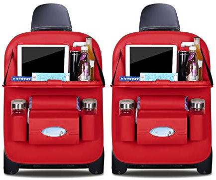 Ergocar Auto Organizer Rückenlehnenschutz Luxus Autositzschutz aus PU-Leder mit faltbarem Tablethalter wasserdicht Rückenlehnenschutz Rückenlehnen-Tasche für Kinder (Rot - 2 Pack)