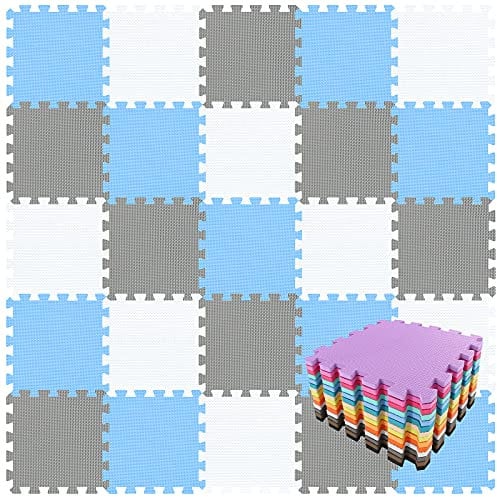 qqpp® 18 Puzzle Eva Schaumstoff Puzzlematte Puzzleteppich Kinder - Krabbelmatte Spielmatte Baby Schadstofffrei Sport rutschfest Bodenschutzmatte Fitness Matte. Weiß, Blau, Grau. QQC-AGLb18N