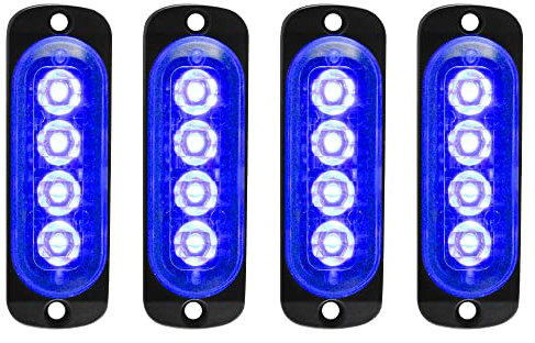 4pcs 12-24V Ultra Mince Voyant Barre D'alarme Stroboscopique d'urgence Lampe- 4 LEDS Bande lumineuse D'avertissement de Flash Camion Moto Voiture - Bleu