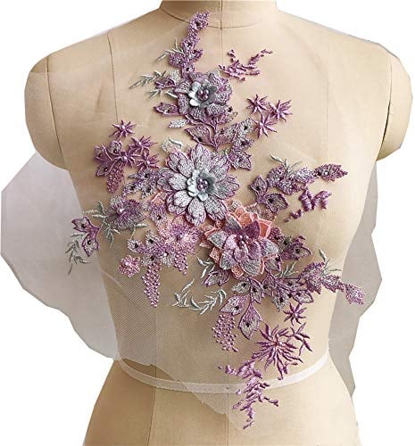 3D Spitze Applikation Perlen Blume Spitzenpatches Blumen Tüll Aufbügler zum Hochzeitskleid Kunsthandwerk (Lila, Ein Stück)