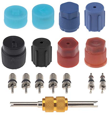 YINETTECH 16 Pcs Universal Air Conditioning Cap Valve Cores Seal Set Include Valve Core A/C System Cap Remover Tool Fit For Most Car Model
