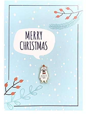 Weihnachtskarte mit Eisbär Ansteck-Pin - Kleines Geschenk | Brosche Merry Christmas Umschlag Design niedlich Mitbringsel Kollegin