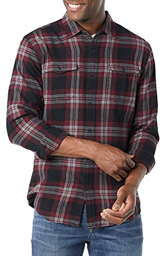 Amazon Essentials Camicia in Flanella con Due Tasche a Maniche Lunghe vestibilità Aderente Uomo, Nero Bordeaux Motivo Scozzese, S