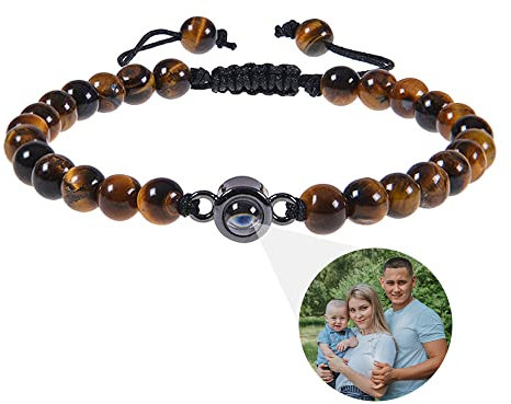 Glooraca Tigerauge Perlen Armbänder Personalisierte Foto Projektion Armband für Männer Benutzerdefinierte Armbänder mit Bild innen Personalisierte Geschenke für Papa Ehemann Freund. (B)