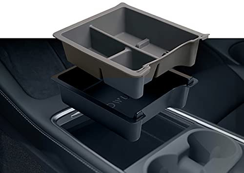Jowua 2021 Tesla Model 3 Model Y Center Console Tray Organizer Accessoies using washable silicone with Model 3 Model Y Refresh Console (3 Compartments, Grey)