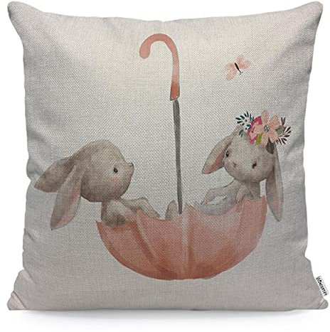 WONDERTIFY Hasen-Kissenbezug, Aquarell, süßes Tier, Blume, Hase, Paar, Hase, Liebe, Schmetterling, Regenschirm, Überwurf, Kissen Kissenbezug für Couch Heimdekoration, 45 x 45 cm