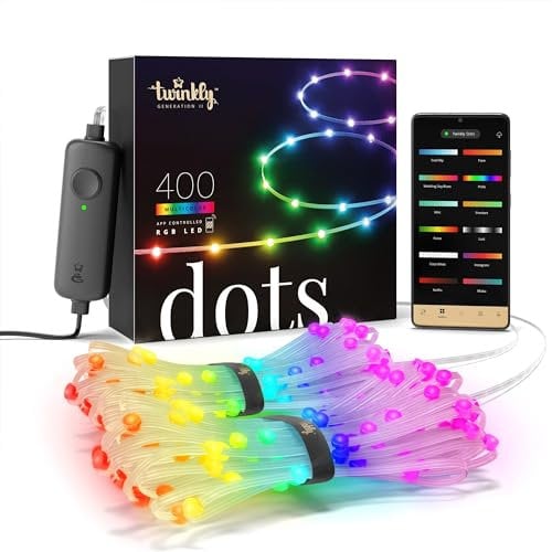 Twinkly Dots 20m, Flexibler RGB-LED-Streifen, für Drinnen und Draußen, Kompatibel mit Alexa und Google Home, IP44, Über 16 Mio. Farben, App-Steuerung, Transparentes Kabel, 400 LED