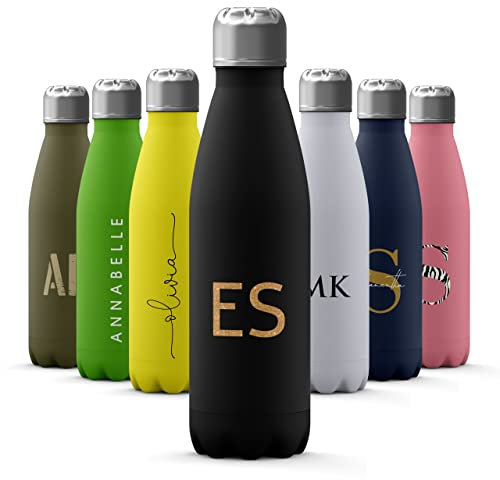 Tirita Personalised Water Bottle - Thermal Travel Flask for Hot & Cold Drinks - Insulated Stainless Steel Bottle - Gym, Office, School Drink Bottles - 500ml water bottle [26- Glitter Gold Monogram]