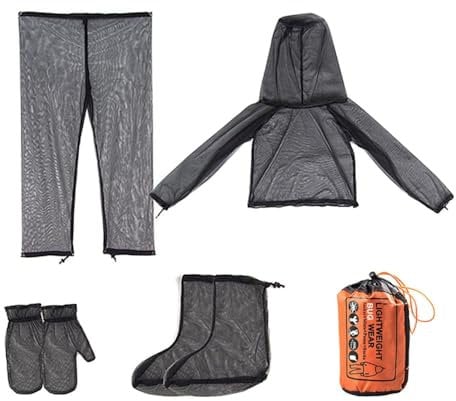Moskito Anzug, 4 Stück ultrafeiner Mücken Schutzanzug, atmungsaktive Mückenschutz Kleidung mit Kapuze Net Mesh Jacke Hosen für Outdoor und Camping