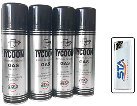 2 x Tycoon Feuerzeuggas Gas Dosen Set Jetflame Butangas Nachfülldose 250ml Dose mit Feuerzeug (1,2 EUR/ 100ml). (2 Flaschen Gas)