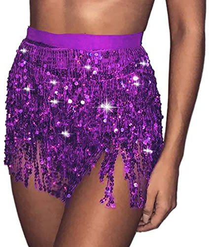Carufin Damen Bauchtanz Rock Hüftgurt Pailletten Quaste Rock Hüftwickelschal Rave Musik Festival Kostüm (Lila)