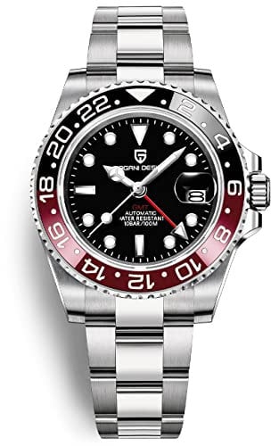 Pagani Design Herrenuhr Automatik Mechanische Uhr GMT Dual-Zeitzone Armbanduhren Edelstahl Zweifarbige Keramiklünette 100M Wasserdicht PD-1662 (3 Schwarz Rot)