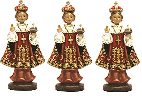 ÖLBAUM 3X Prager Jesuskind, Jesulein -8 cm Größe, Jesusfigur von Prag mit rotem festlichem, reich goldfarben-dekoriertem Umhang, Replik Heiligenfigur (Karmeliterkloster Prag), HANDBEMALT