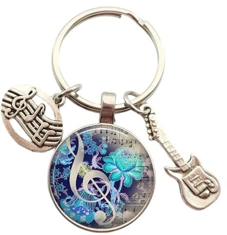 Schlüsselanhänger mit Musikinstrument, Klarinette, Gitarre, Flöte, Violine, Musiknote, Schlüsselanhänger, Glaskuppel, Schmuck, braun, 25