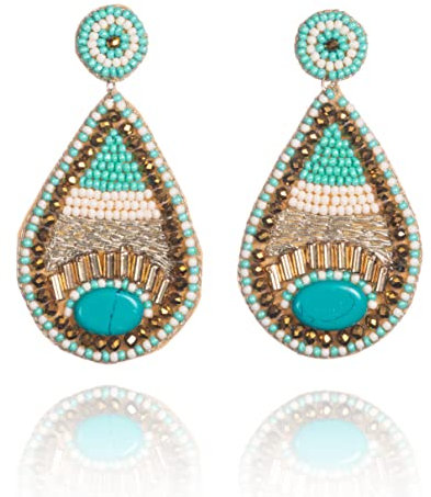 Zavana Lange hellblaue Statement Ohrringe für Frauen, Baumelnde Tropfen-Ohrringe für Damen, handgemachte Boho Chic Grün Ohrringe, Bohème-Modeschmuck für Frauen