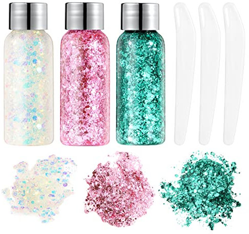 URAQT Body Glitter Gel, Chunky Glitter Gel, Chunky Body Lotion Glitzer Flüssiger Lidschatten, Meerjungfrau Pailletten Funkelnde für Gesicht Haare Lippen Nägel Make Up (weiß+rosa+grün)