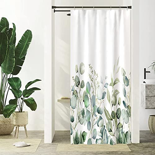 Rideau Douche Anti Moisissure, Uiiooazy Rideau Douche Étroit 90x180cm Vert Sauge Feuilles d'eucalyptus Fleuri Petit Rideaux de Baignoire Tissu Lavable Imperméable Rideaux Salle de Bain avec 6 Crochets
