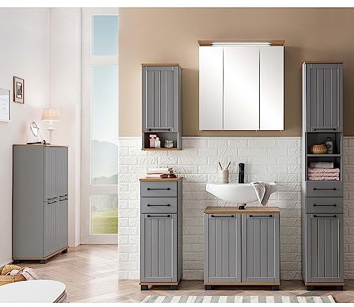Lomadox Badezimmer Set im Landhaus-Stil, grau mit Eiche Nb., 6-teilig | 1 Badschrank, 1 Badkommode, 1 Waschbeckenunterschrank, 1 Spiegelschrank mit LED, 1 Hängeschrank, 1 Hochschrank