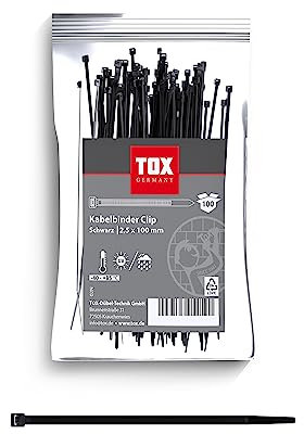 TOX Brida sujetacables, negra, resistente a los rayos UV, de uso universal en interiores y exteriores, para una fijación segura en el hogar y el jardín, tamaño 2,5 x 100 mm, 100 unidades, 099600020
