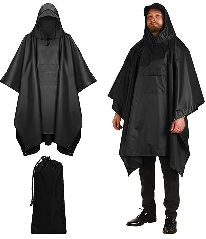 volumoon Regenponcho Herren Damen, 3-in-1 Multifunktionales Regencape, Regencape mit Kapuze, Regenjacke Wasserdicht, für Fahrrad Wandern, Picknick im Freien, Camping, Trekking, Angeln (Schwarz)
