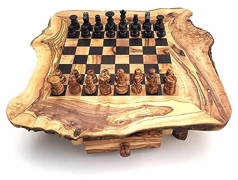 Schachspiel rustikal, Schachtisch Gr. wählbar M/L/XL inkl. Schachfiguren handgemacht aus Olivenholz/Wenge Geschenkidee. (L)