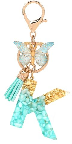 MWOOT Letter Keychains Initiale Schlüsselanhänger Buchstabe K,Alphabet Harz Key Chain mit Schmetterling Quaste Anhänger Handtasche Geldbörse Charm,Grüne Goldfolie Keyring für Frauen Mädchen(K)