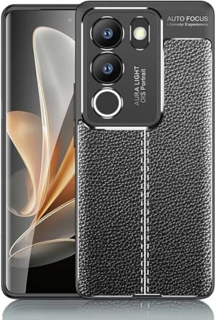 GOKEN Hülle für Vivo V29 5G, Schutzhülle TPU Silikon Handyhülle mit Stilvolles Leder-Textur-Design(Nicht Leder), Stoßfest Bumper Case Soft Flex Cover, Schwarz