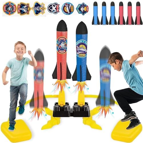 XFLYP Cohete Juguete, Doble Cohete de Aire Lanzador con 6 Cohetes de Espuma, Avion Juguet Brinquedos Rocket para Exterior, Jardin, Juegos Infantiles Aire Libre, para Juguetes Niños 2-12 Años