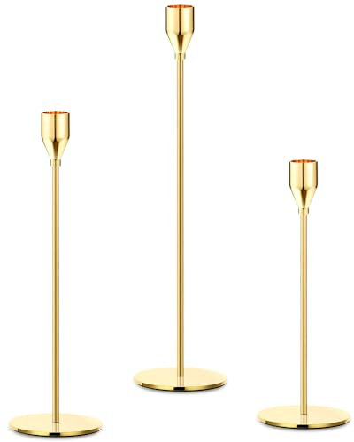 3 Pcs Candle Candlestick Holders, Imitation Gold Table Candle Holders Stands Vintage, Tapered Candle Pillar Holders for Fireplace, Living Room, Dinning Table, Wedding Ornaments Decorations