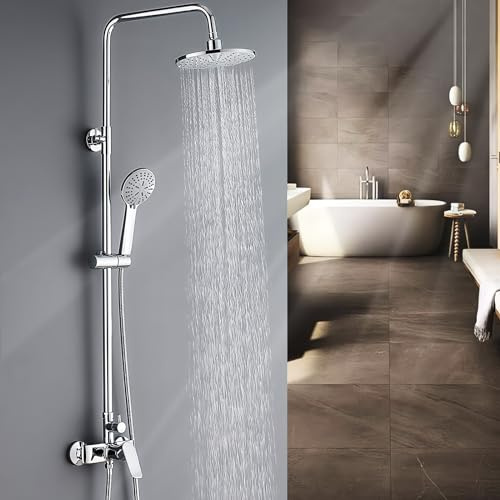 DELURA Duschsystem mit Einhebelmischer, Regendusche (200 x 200 mm) mit Armatur, Handbrause (5 Strahlarten), Schlauch, Chrom