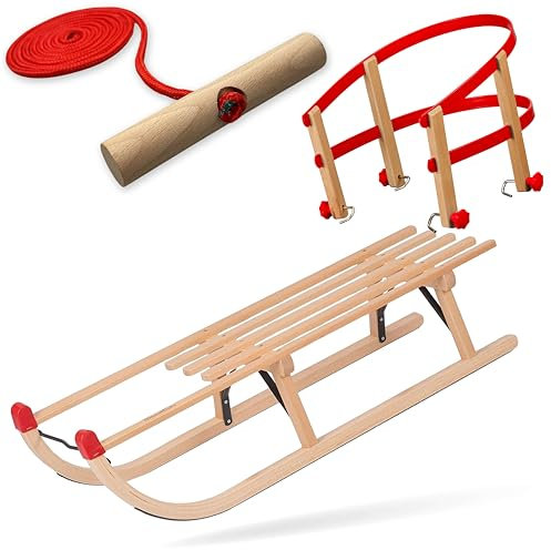 Explorer Colint Holzschlitten mit Rückenlehne für Kinder ab 1 Jahr und Erwachsene Set Schlitten Davos mit Leine und Kunststoff/Holz Lehne in Rot 100cm Alpina Fun