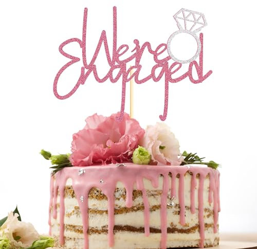 Sotpot 1Pc Pink We're Engaged Cake Topper with Ring Glitter Engagement Cake Decoration for Bridal Shower Bachelorette Wedding Engagement Theme Party Supplies